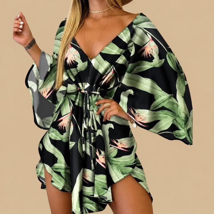 Nola women's boho tie-waist mini dress with bell sleeves in green
