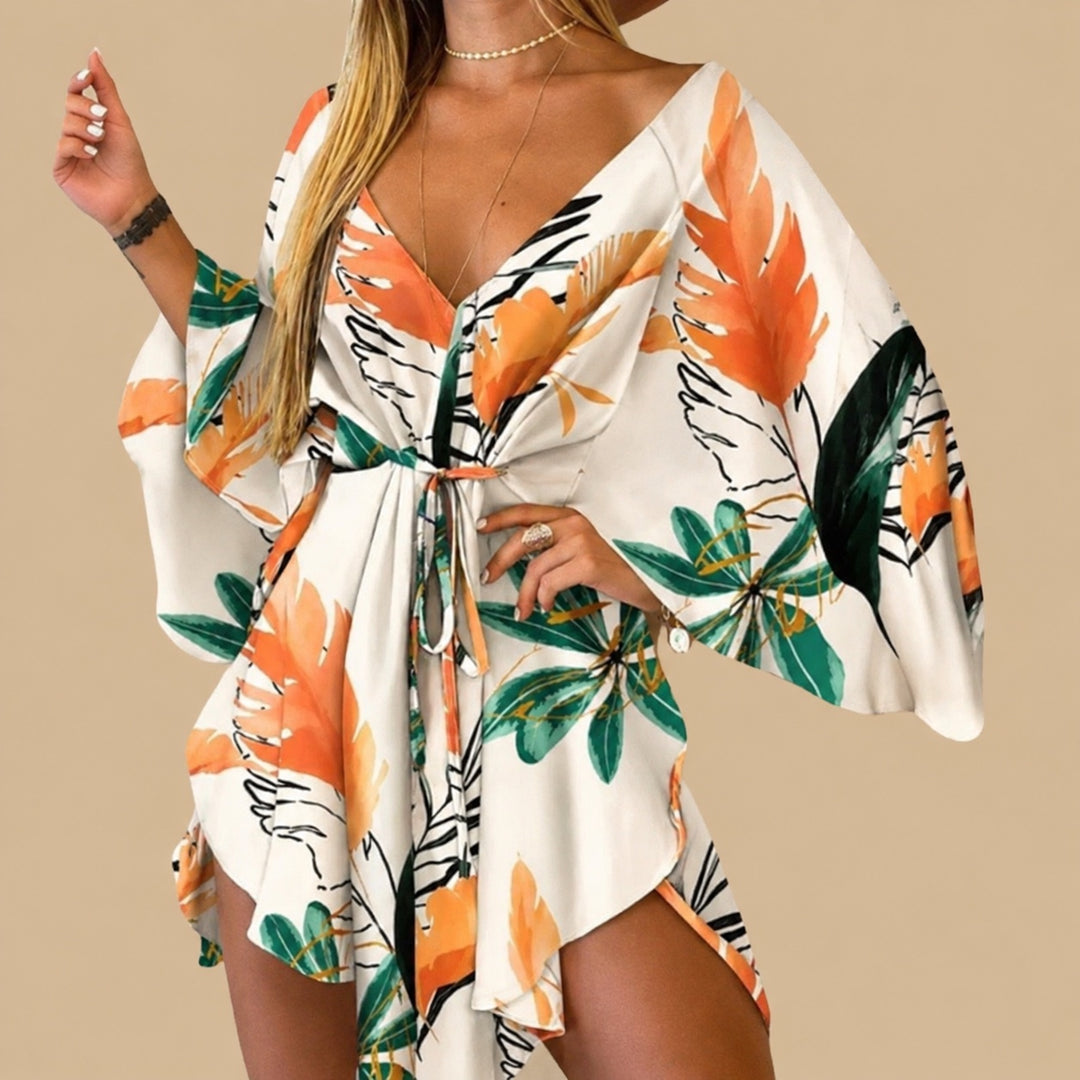 Nola women's boho tie-waist mini dress with bell sleeves in orange
