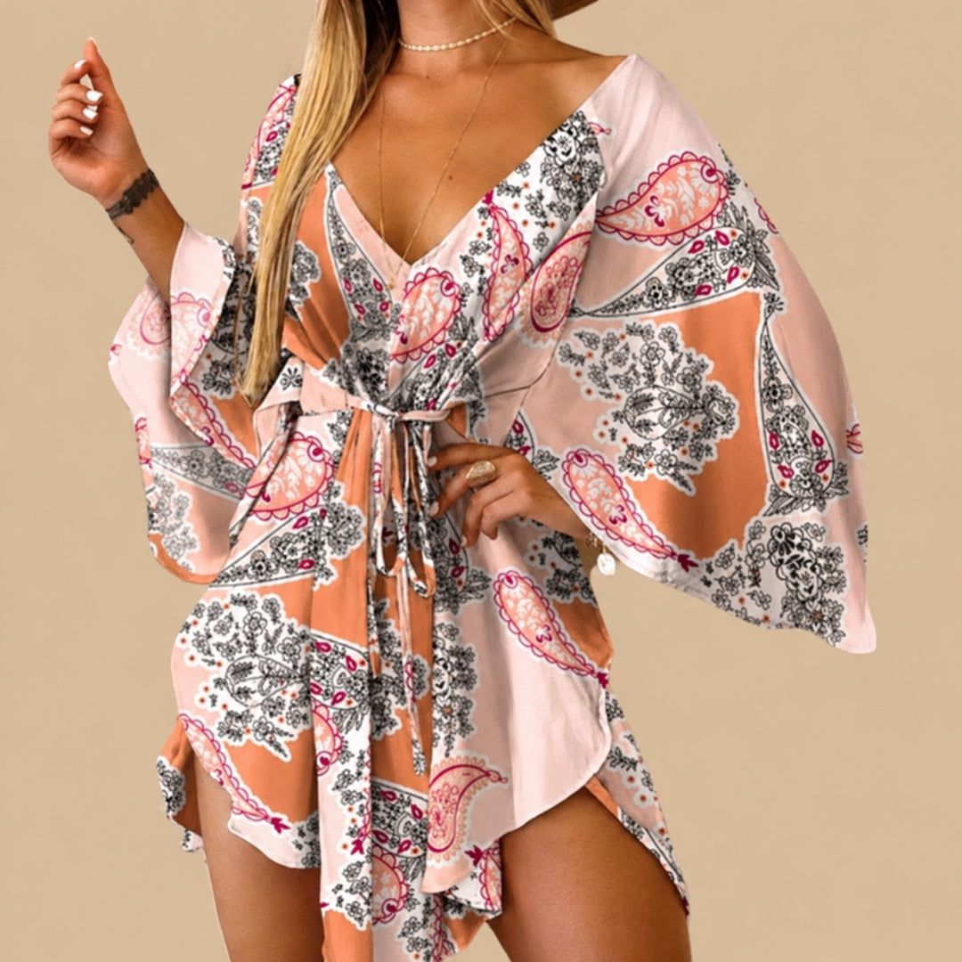 Nola women's boho paisley tie-waist mini dress with bell sleeves in pink