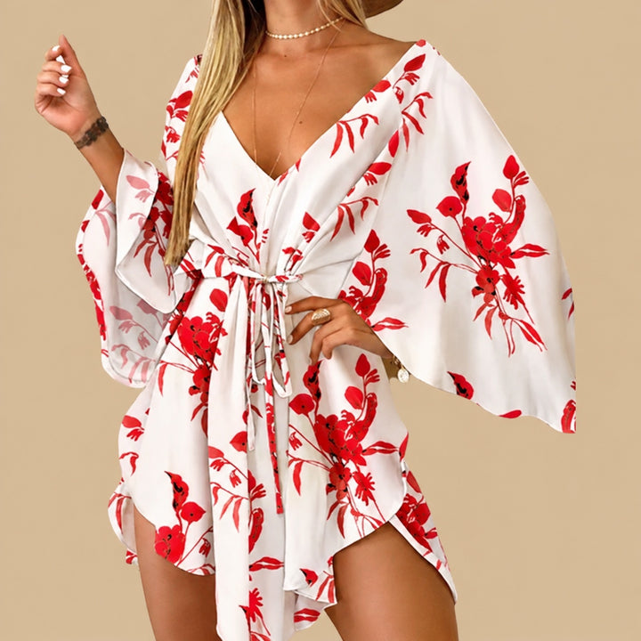 Nola women's boho tie-waist mini dress with bell sleeves in white