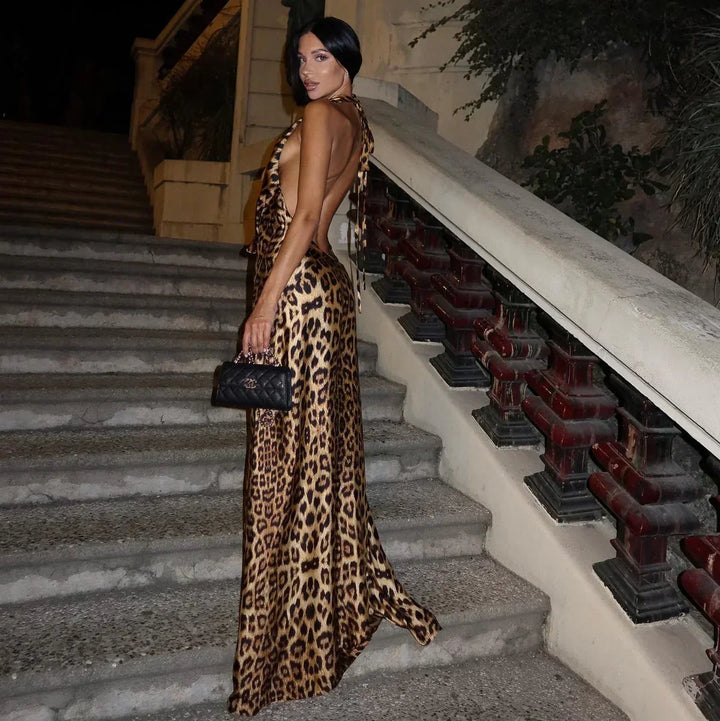 Women's Leopard Backless Maxi Summer Dress