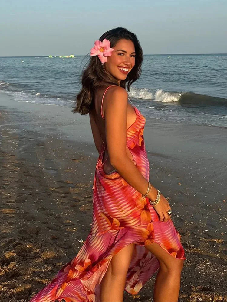 Women's Floral Print Summer Maxi Dress with Thin Straps