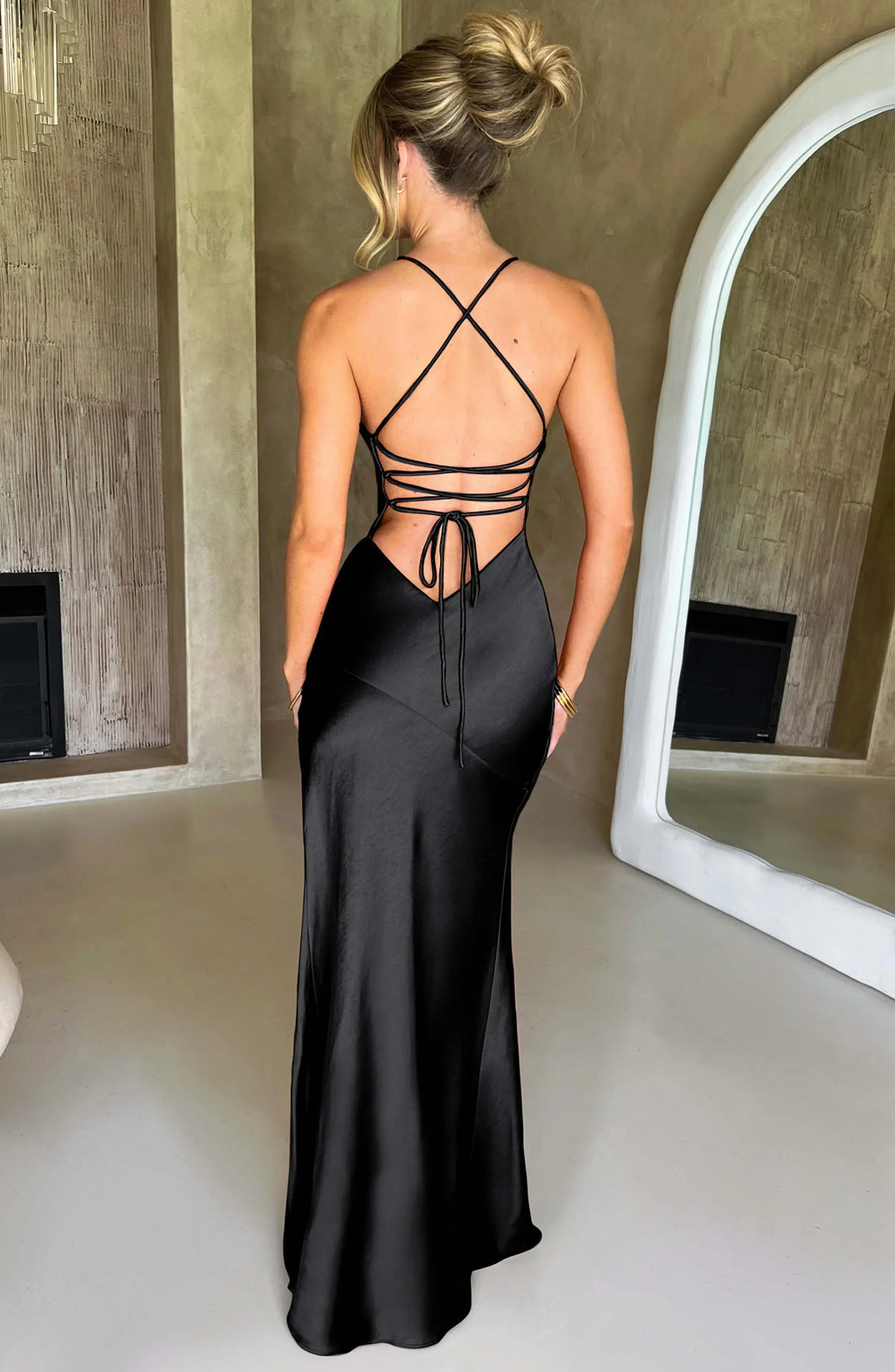 Women's Satin V-Neck Maxi Dress with Thin Straps