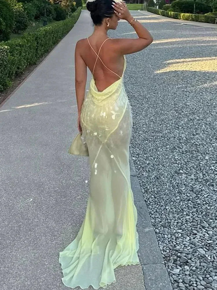 Women's Yellow Sequin Maxi Dress with Crossover Back