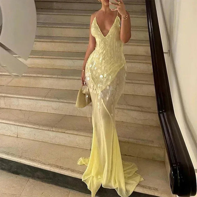 Women's Yellow Sequin Maxi Dress with Crossover Back