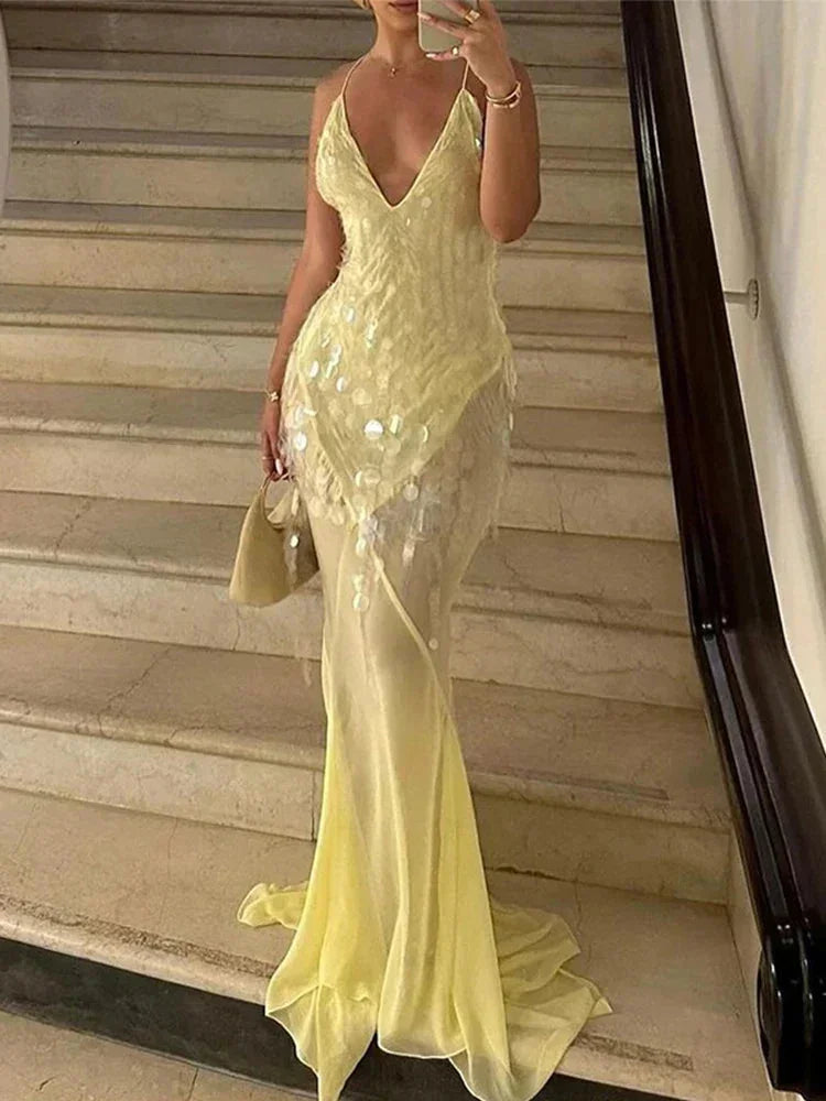 Women's Yellow Sequin Maxi Dress with Crossover Back