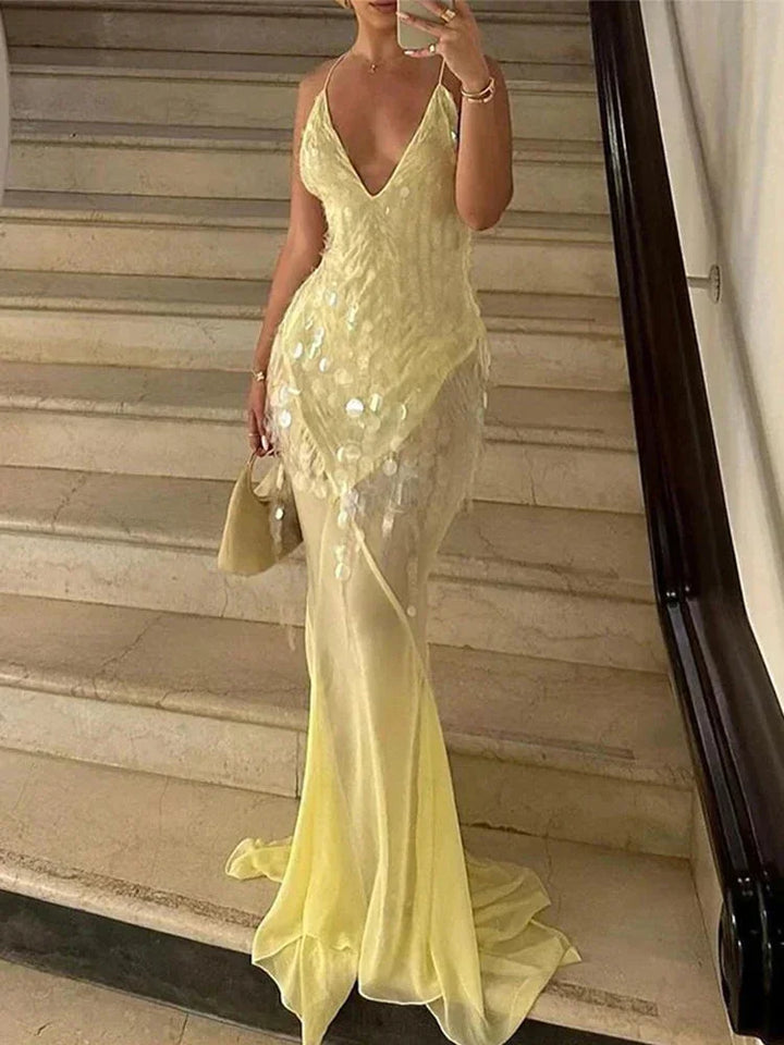 Women's Yellow Sequin Maxi Dress with Crossover Back