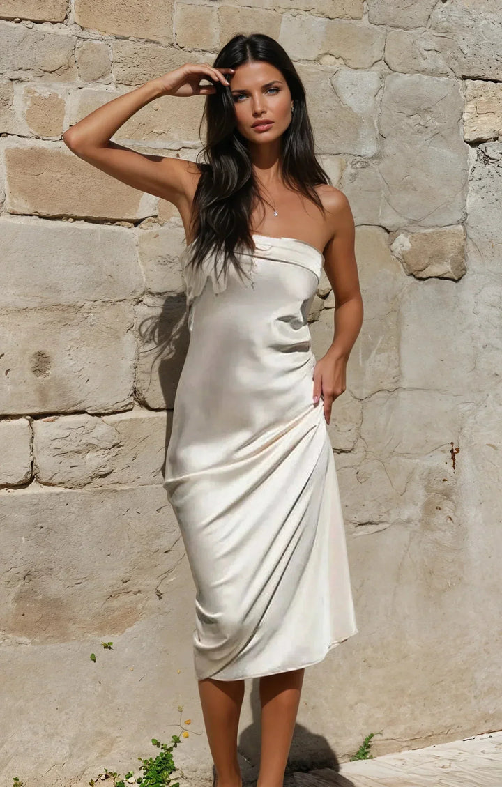Women's Satin Strapless Maxi Dress with a Floor-Length Hem