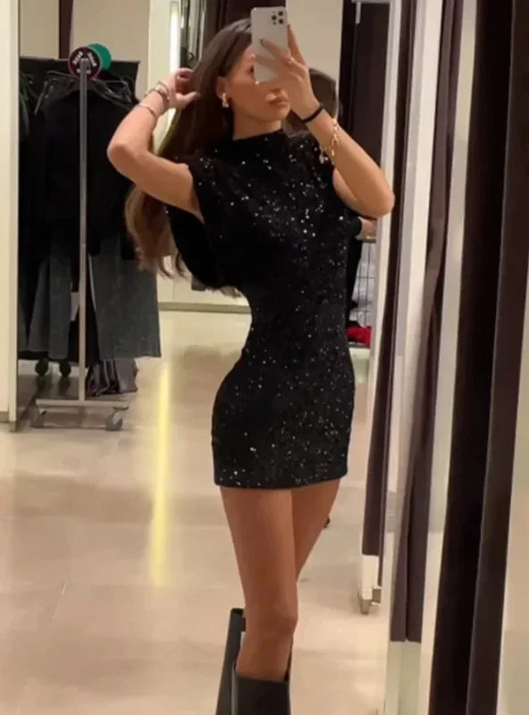 Women's Sequin Bodycon Dress with Shoulder Pads