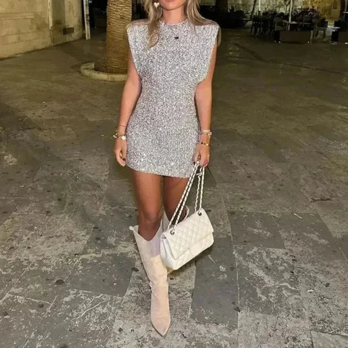 Women's Sequin Bodycon Dress with Shoulder Pads