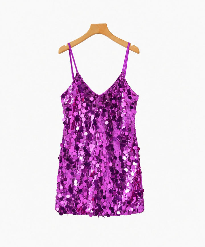 Women's Sequin Party Mini Dress with Straps - Purple