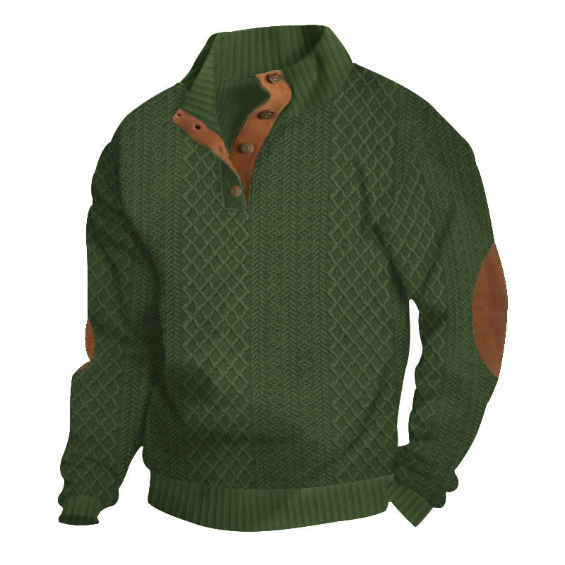 Pull beige en maille torsadée avec coudières en cuir