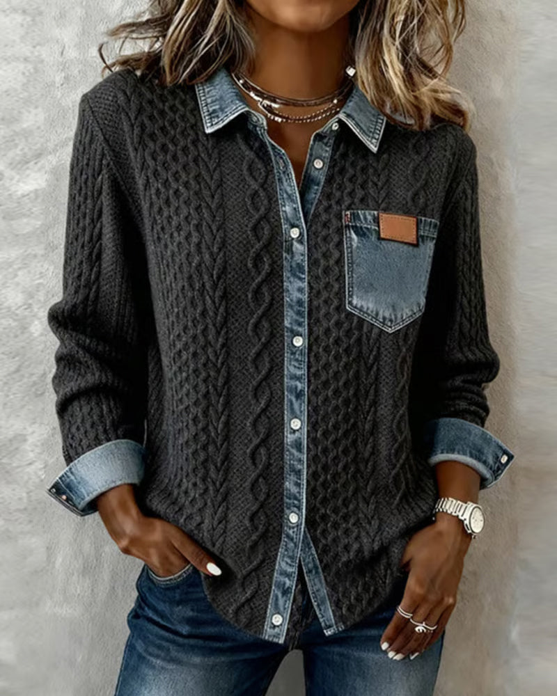 Women's Cable Knit Cardigan with Denim Collar and Pocket - photo 1