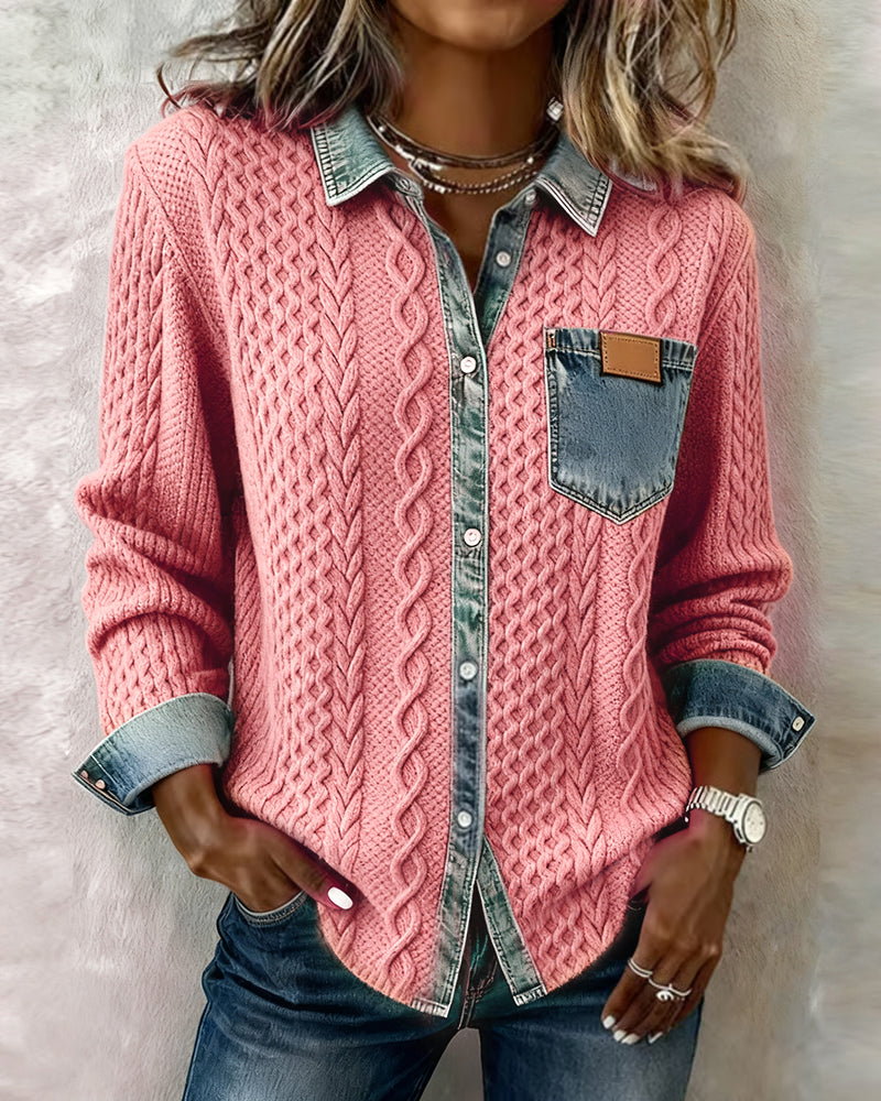 Women's Cable Knit Cardigan with Denim Collar and Pocket - photo 2