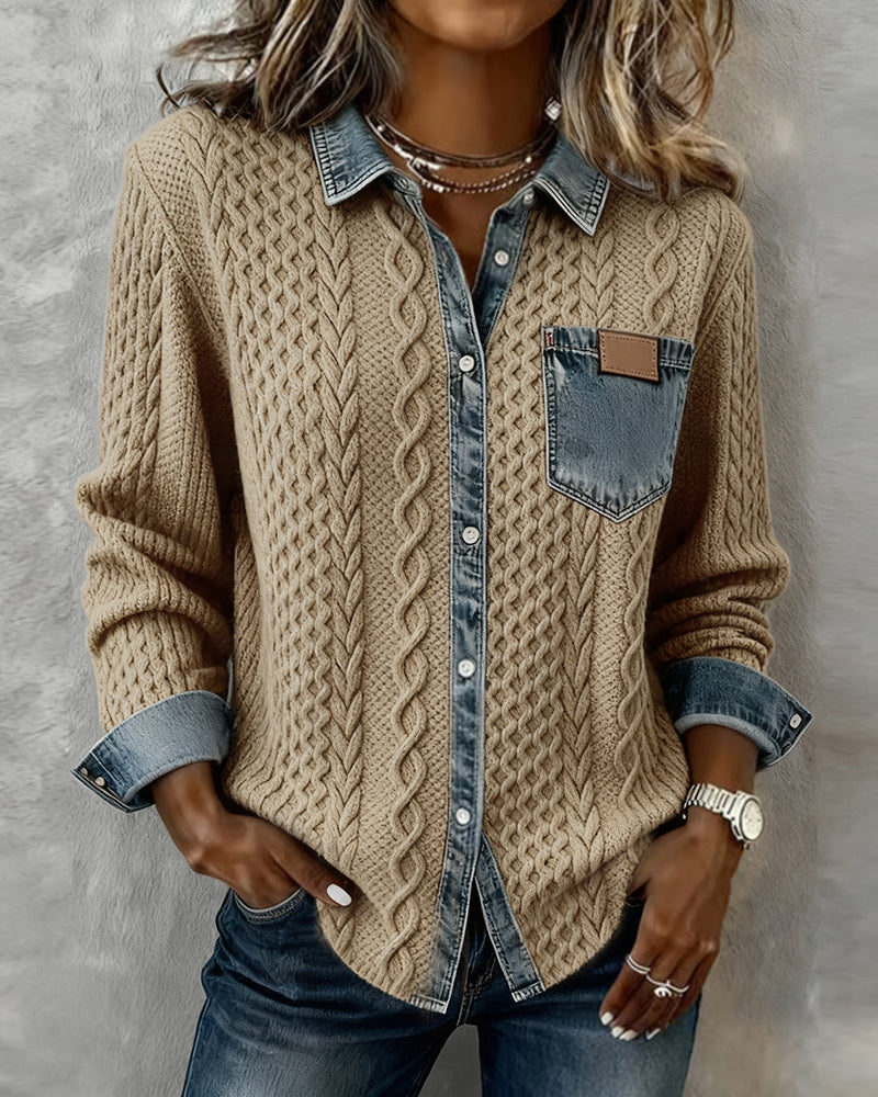 Women's Cable Knit Cardigan with Denim Collar and Pocket - photo 3