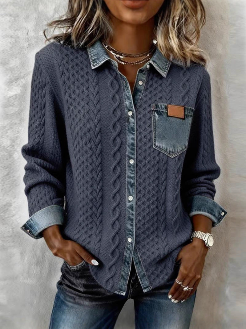 Women's Cable Knit Cardigan with Denim Collar and Pocket - photo 4