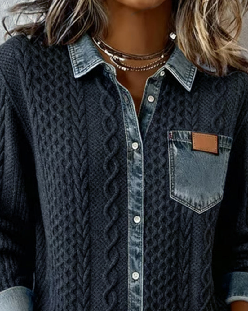 Women's Cable Knit Cardigan with Denim Collar and Pocket - photo 5