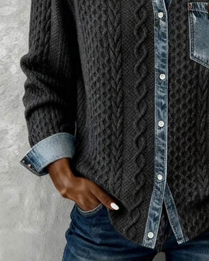 Women's Cable Knit Cardigan with Denim Collar and Pocket - photo 6