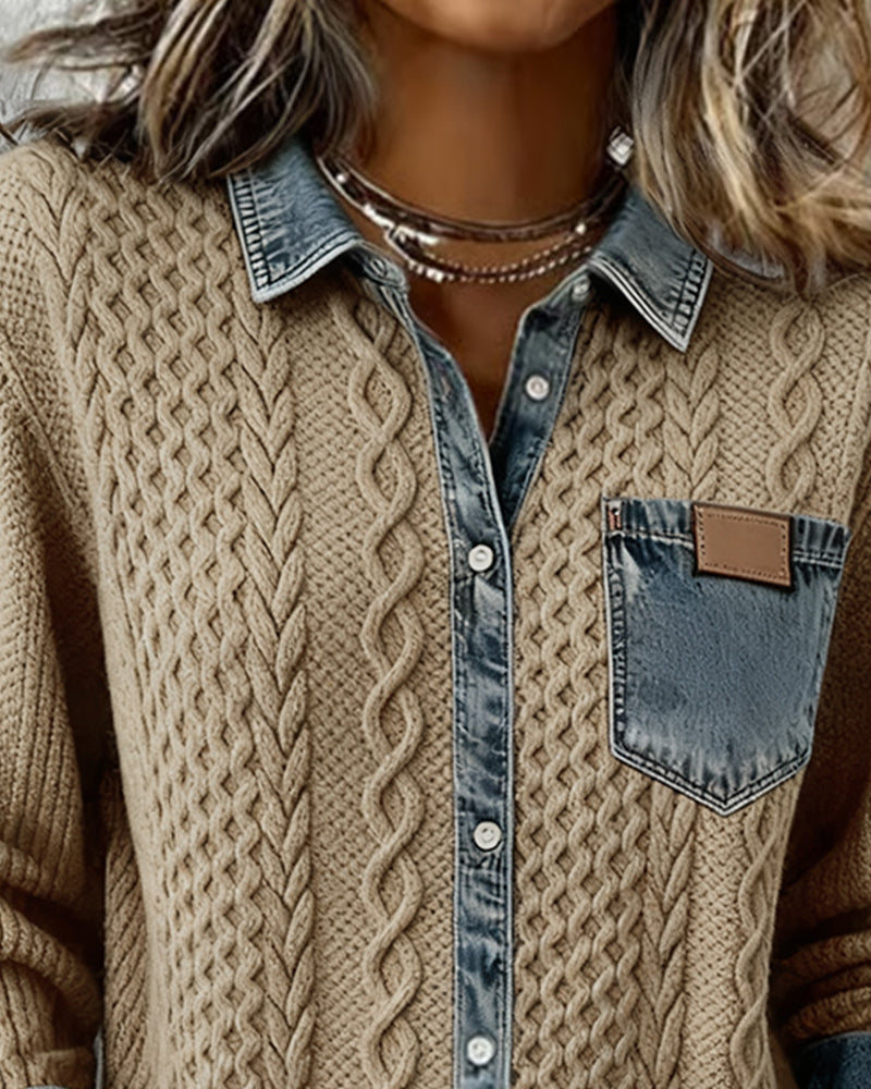 Women's Cable Knit Cardigan with Denim Collar and Pocket - photo 7