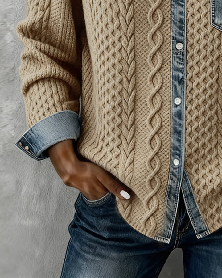 Women's Cable Knit Cardigan with Denim Collar and Pocket - photo 8