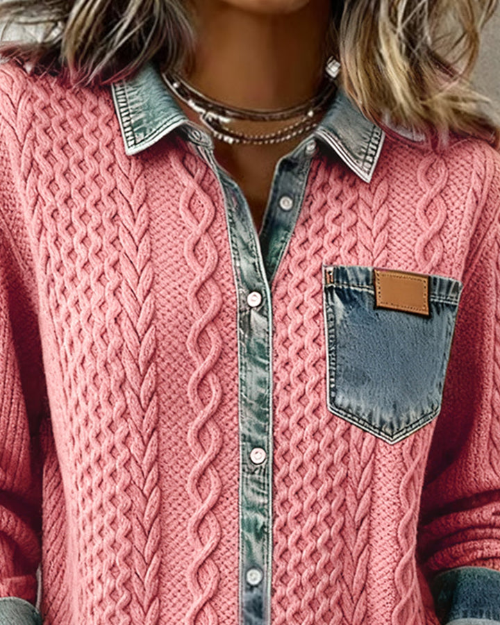 Women's Cable Knit Cardigan with Denim Collar and Pocket - photo 9
