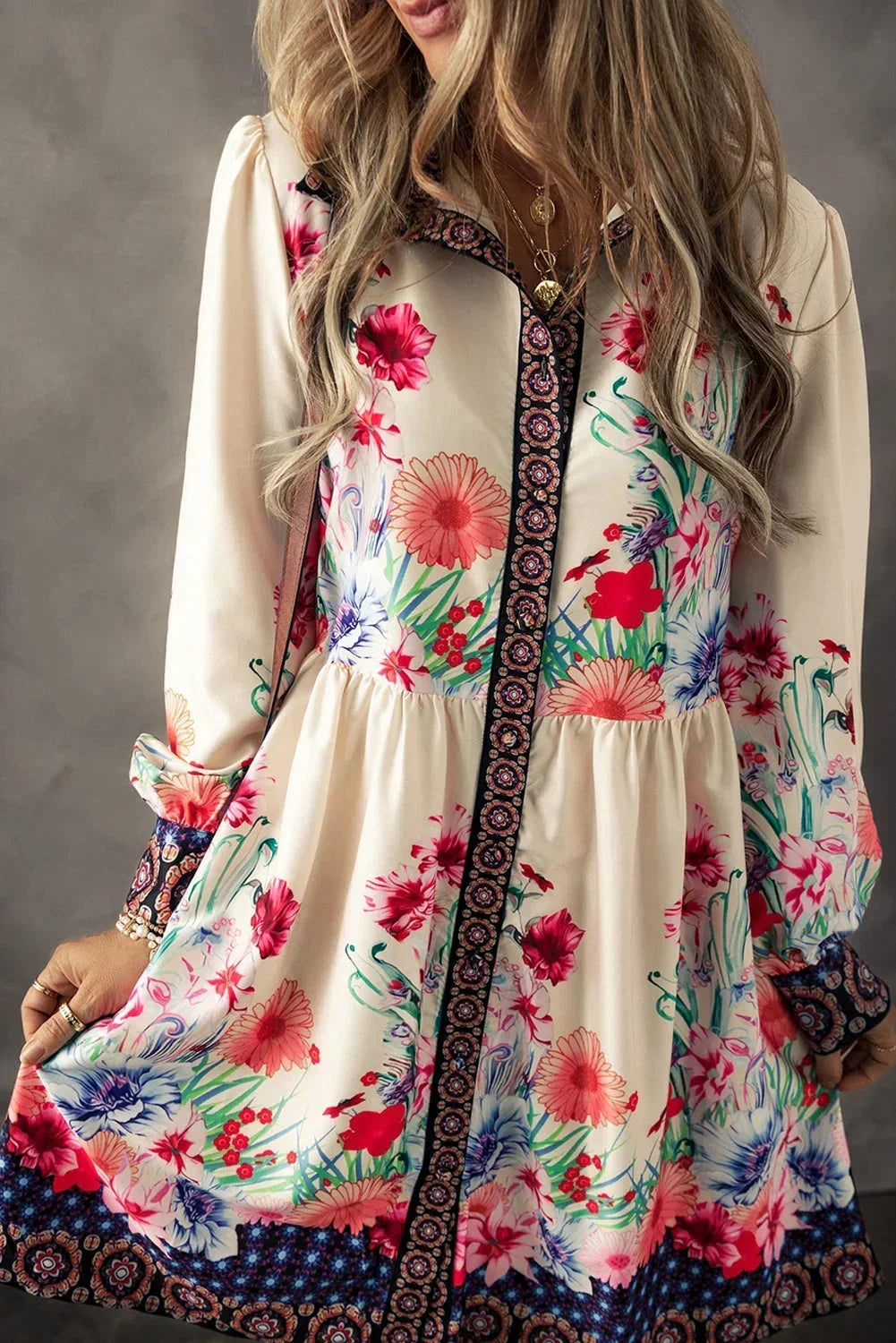 Women's Multicolor Floral Print Mini Dress with Long Sleeves - photo 1