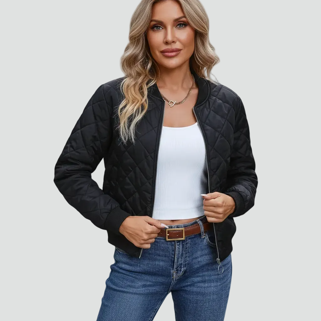 Black quilted zip-front bomber jacket, front view
