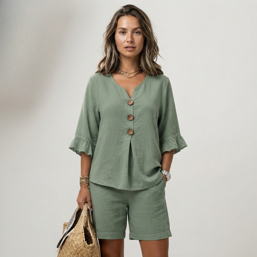 Women's Relaxed Ruffled Two-Piece Set with Button Front - photo 13