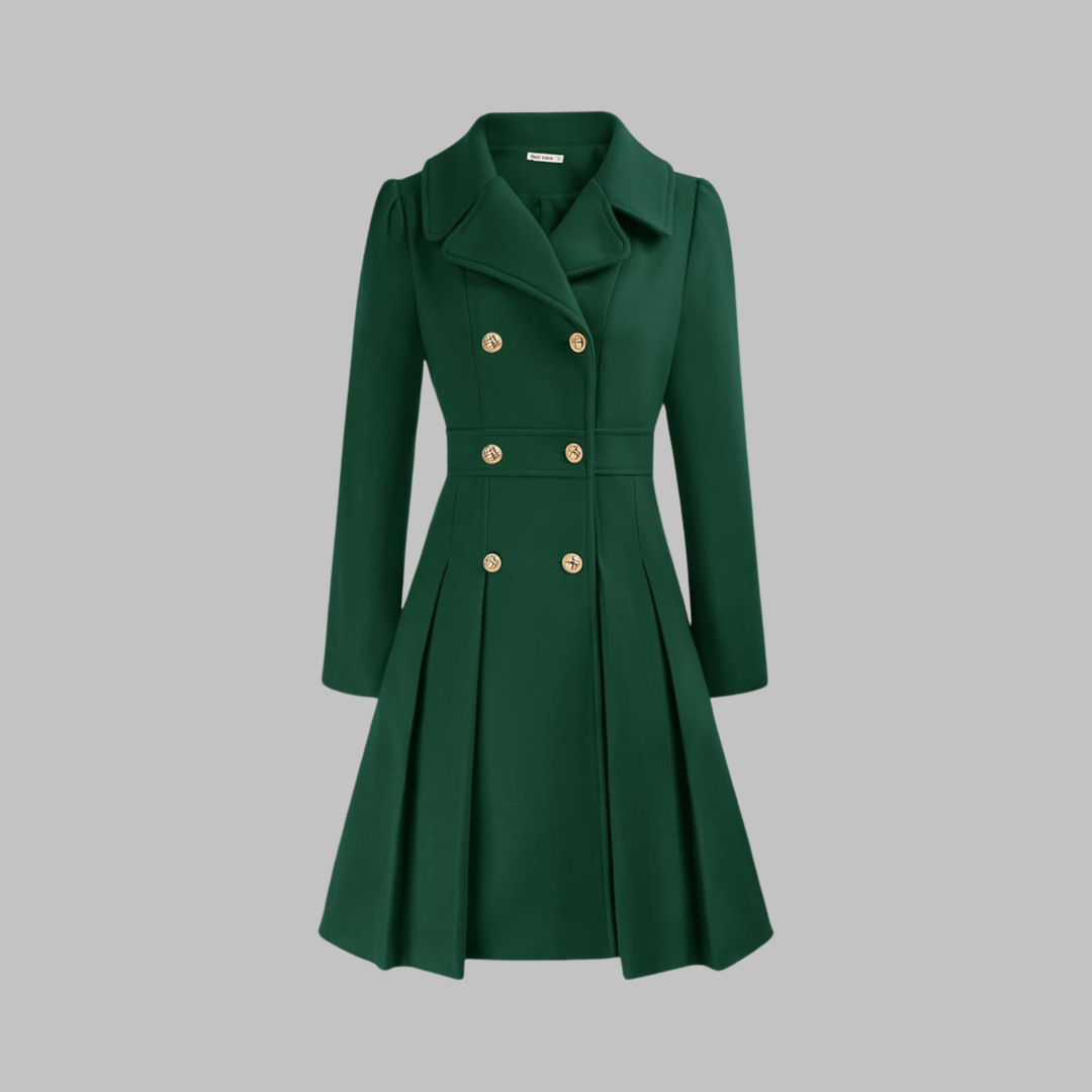 Women's Double-Breasted Coat with Pleated Skirt - Dark Green