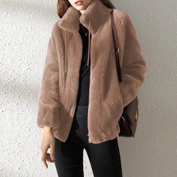 Women's Fleece Teddy Stand Collar Zip-Up Jacket with Drawstring Hood - Khaki
