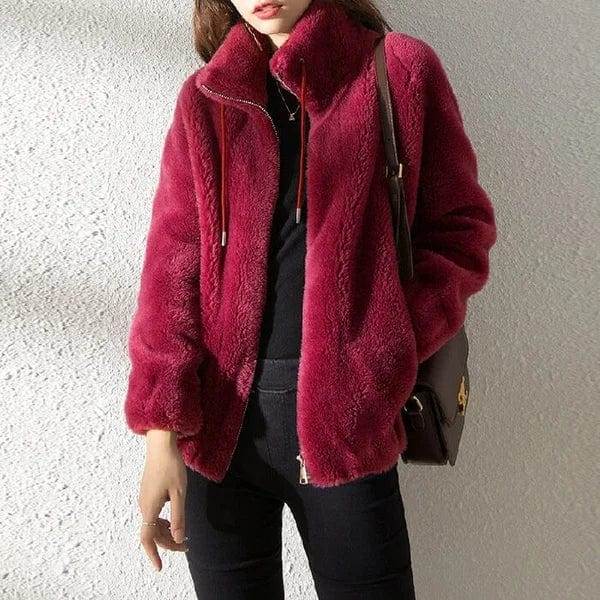 Women's Fleece Teddy Stand Collar Zip-Up Jacket with Drawstring Hood - Burgundy