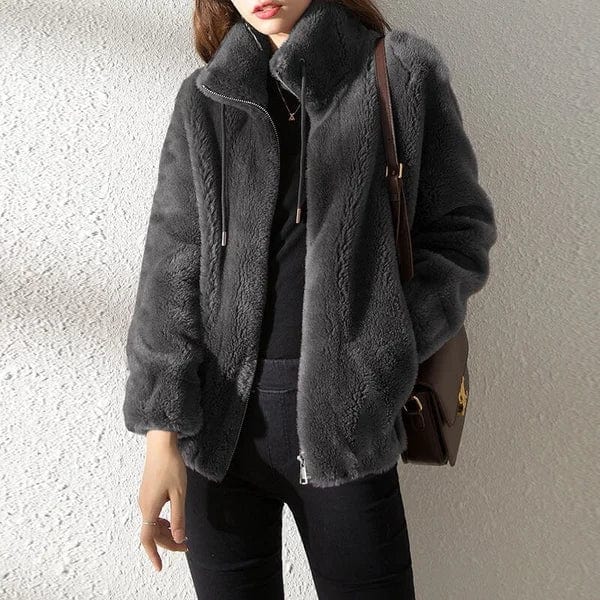 Women's Fleece Teddy Stand Collar Zip-Up Jacket with Drawstring Hood - Black