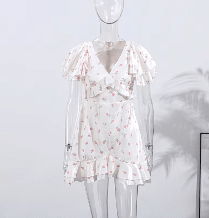 Penny - Women's Floral Mini Dress with Puff Sleeves and V Neck