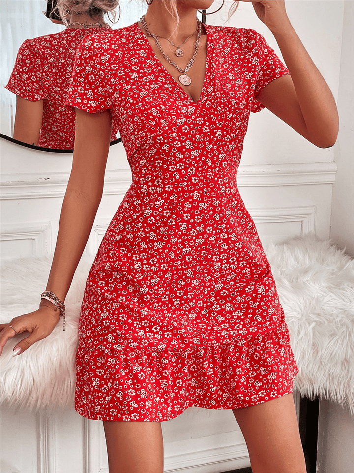 Penny - Women's Floral Mini Dress with Puff Sleeves and V Neck