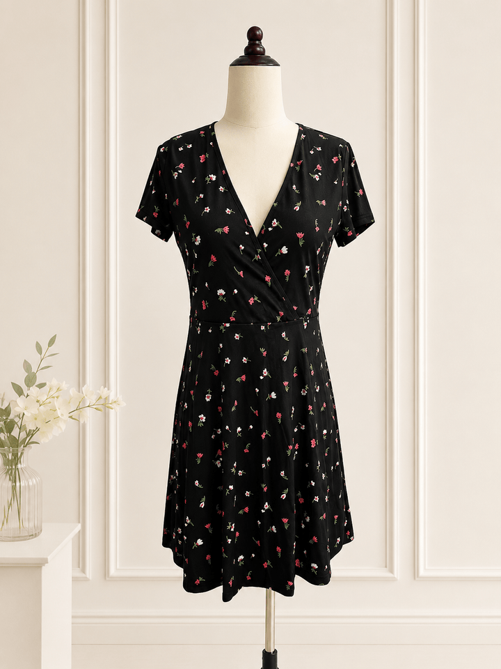 Penny - Women's Floral Mini Dress with Puff Sleeves and V Neck