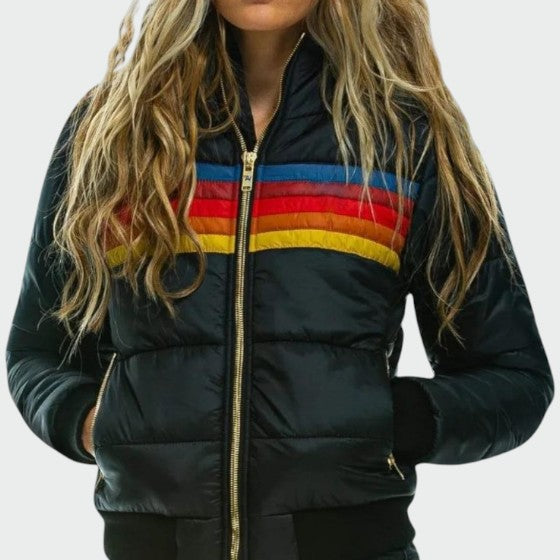 Deborah: chaqueta acolchada con capucha para mujer y rayas retro