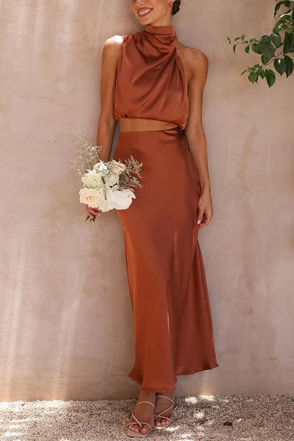 Women's Knit Skirt Set Draped Neck Top and Flowy Maxi Skirt Two Piece Outfit – view 4