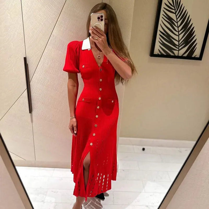 Mabel: vestido tipo jersey de punto para mujer con cuello en contraste