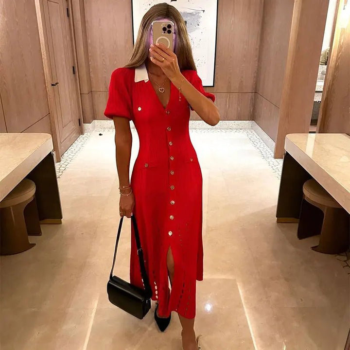 Mabel: vestido tipo jersey de punto para mujer con cuello en contraste