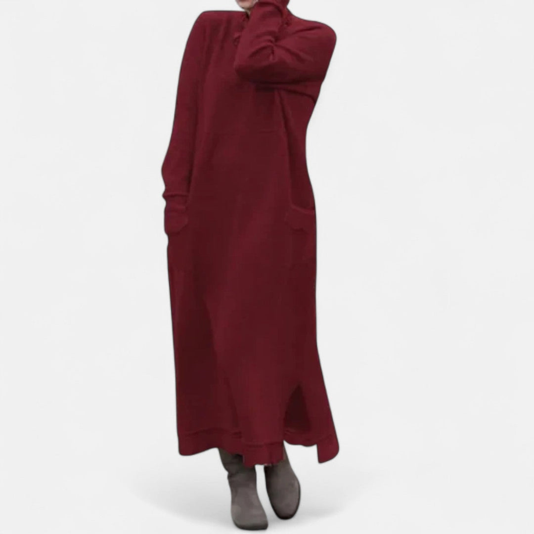 Women's Long Knitted Dress with Stand Collar and Pockets - photo 4