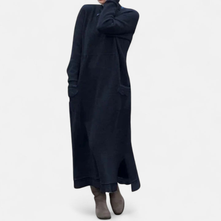 Women's Long Knitted Dress with Stand Collar and Pockets - photo 7