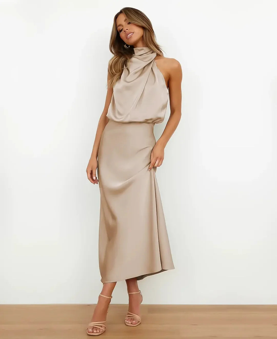 Women's Sleeveless Midi Dress with Draped Neckline - photo 1
