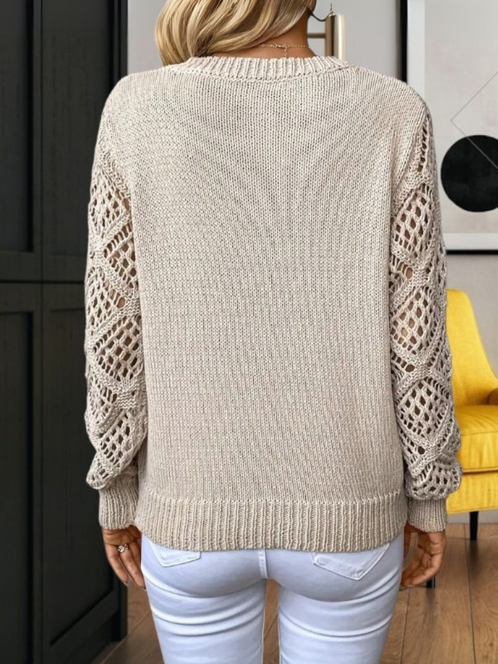 Women's V-Neck Sweater with Openwork Sleeves - photo 2