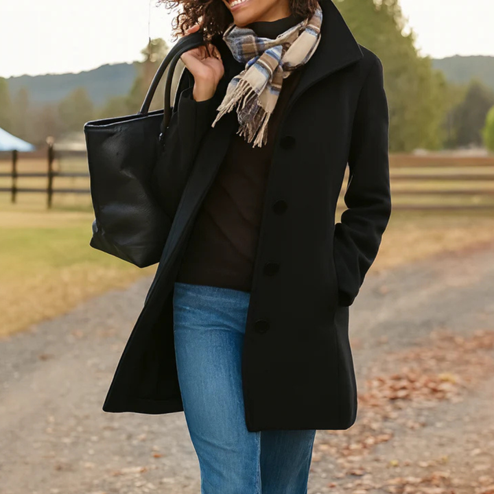 Women's Wool Coat with a Button Front - Black